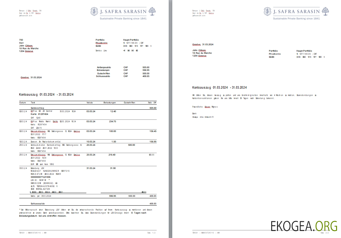 Relevé bancaire Suisse Banque J. Safra Sarasin 2 pages   Copie